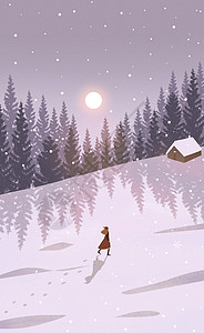 雪地徒步小清新冬天女孩旅行卡通插画插画