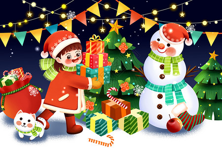 平安夜圣诞节雪人女孩抱礼物布置圣诞树插画背景图片
