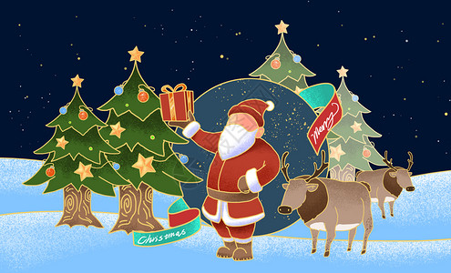 平安夜圣诞节之圣诞老人与麋鹿背景图片