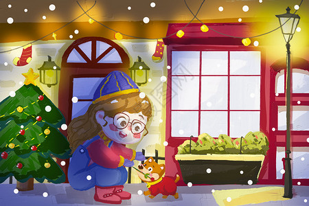 小丑圣诞老人油画质感平安夜路灯下的女孩和小狗插画