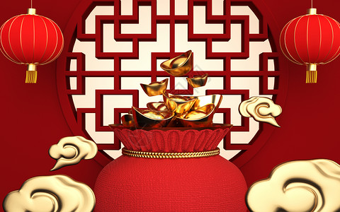 中国风框红色框恭喜发财新年场景设计图片