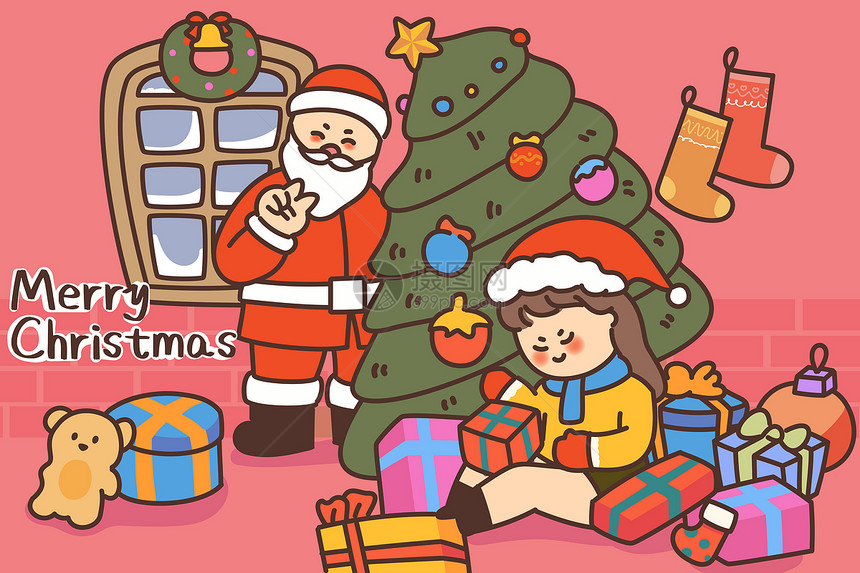 圣诞节平安夜圣诞礼物圣诞树插画图片