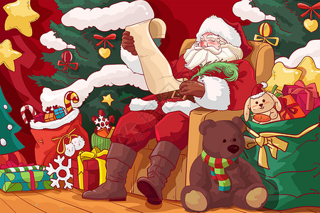 红色小熊红色圣诞节圣诞老人与礼物卡通插画插画