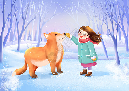 紫色梦幻卡通人物动物与女孩冬季温暖插画图片