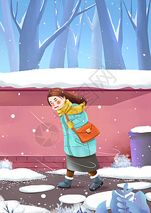 天气降温迎着狂风暴雪下班回家的女孩冬季插画图片