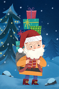 平安夜祝福圣诞节在冬夜送礼物的圣诞小男孩插画