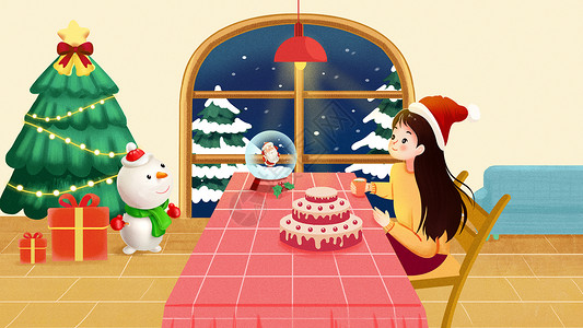 女孩庆祝圣诞节平安夜插画背景图片