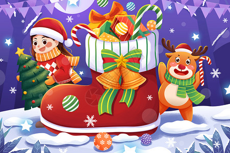 圣诞彩旗圣诞节装礼物袜子抱圣诞树女孩麋鹿插画插画