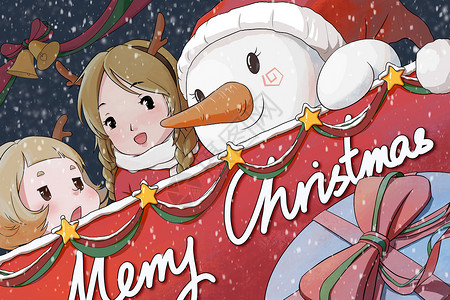 戴鹿角女孩MerryChristtmas圣诞节快乐配图插画插画