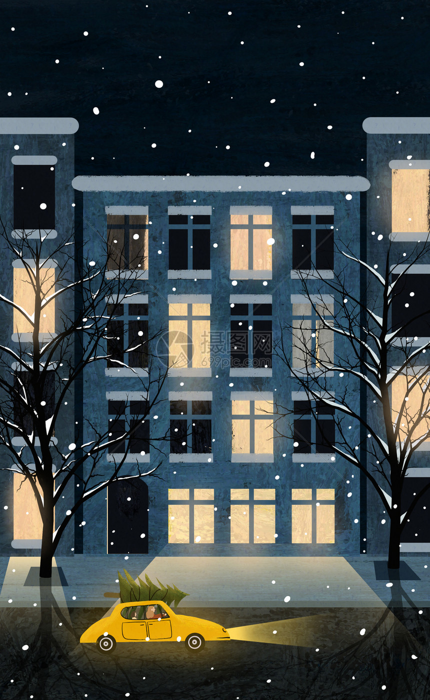 冬天城市街道夜晚下雪景色插画图片