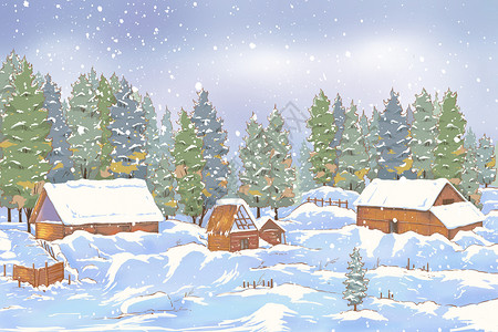 冬天小木屋雪景插画高清图片