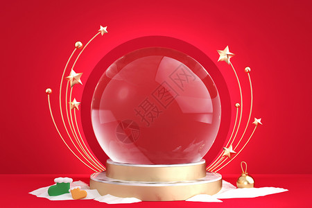 红色立体星星圣诞节水晶球背景设计图片