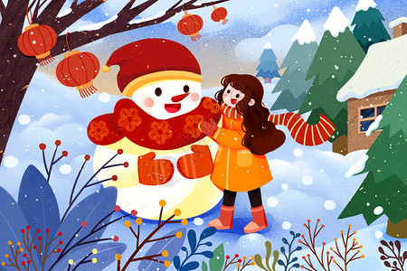红瓦房子雪地里相互依偎的雪人和小女孩插画