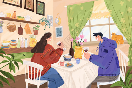 女人厨房情人节温馨情侣生活室内约会吃饭画面插画