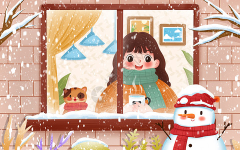可爱的宠物雪貂可爱卡通站在窗前看雪的女孩插画