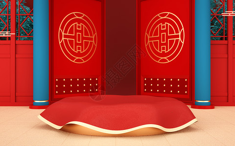 红色大门中式新年展台设计图片