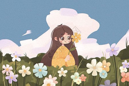 植物图形立春节气春天里花海里的姑娘扁平插画插画