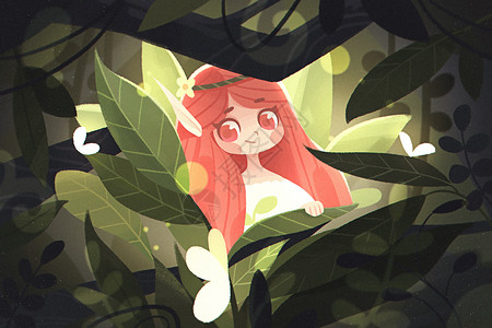 树林光斑立春春分绿色植物丛林女孩扁平插画插画