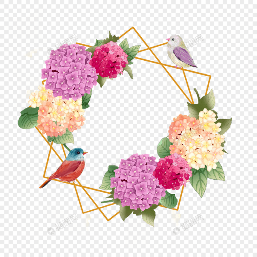 水彩绣球花卉婚礼紫红色边框图片
