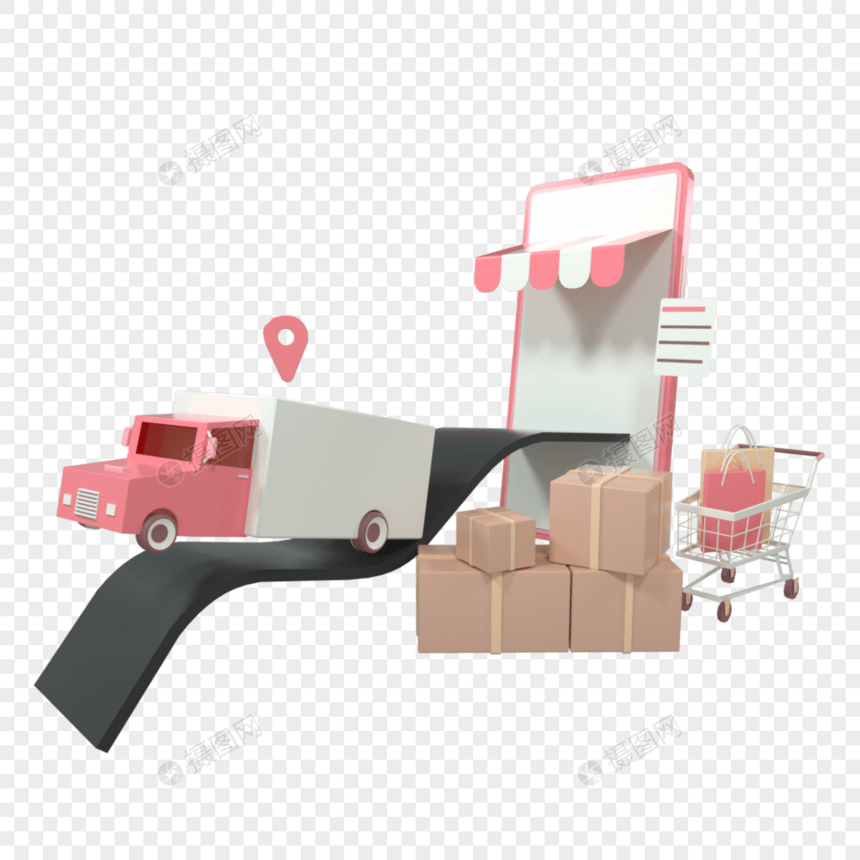 包装购物食品和送货的卡车移动在线交易图片
