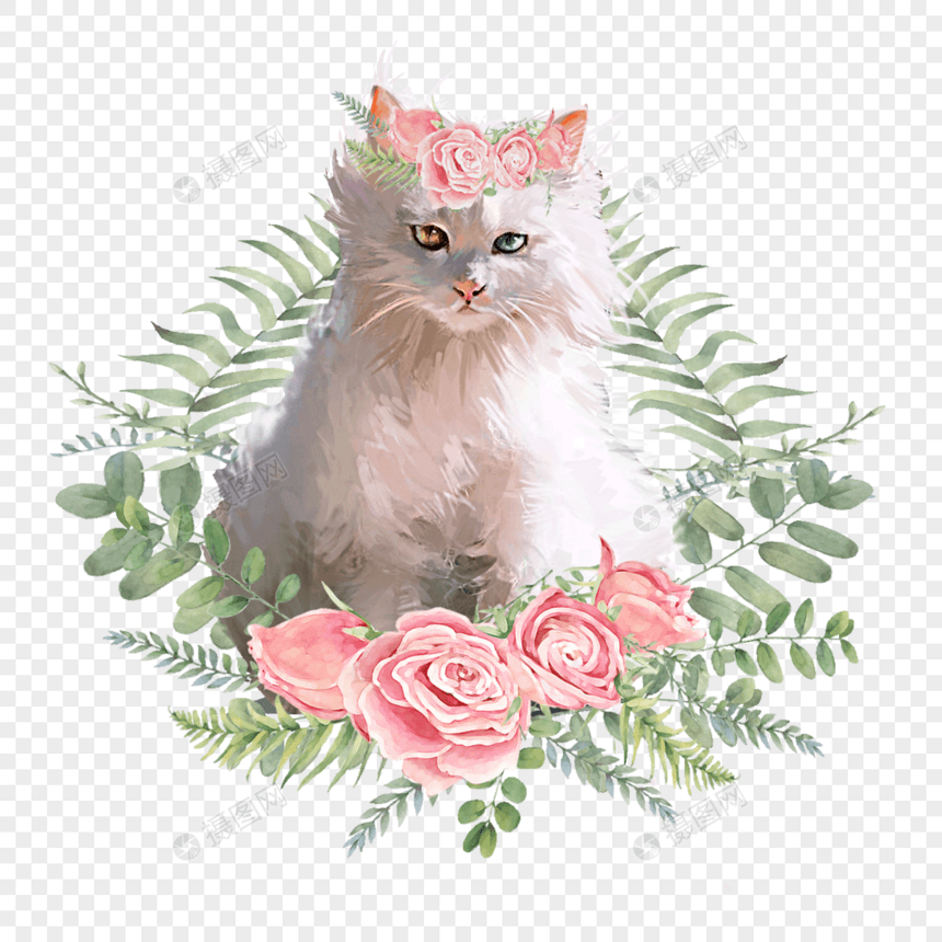 花卉卡通动物粉色猫图片