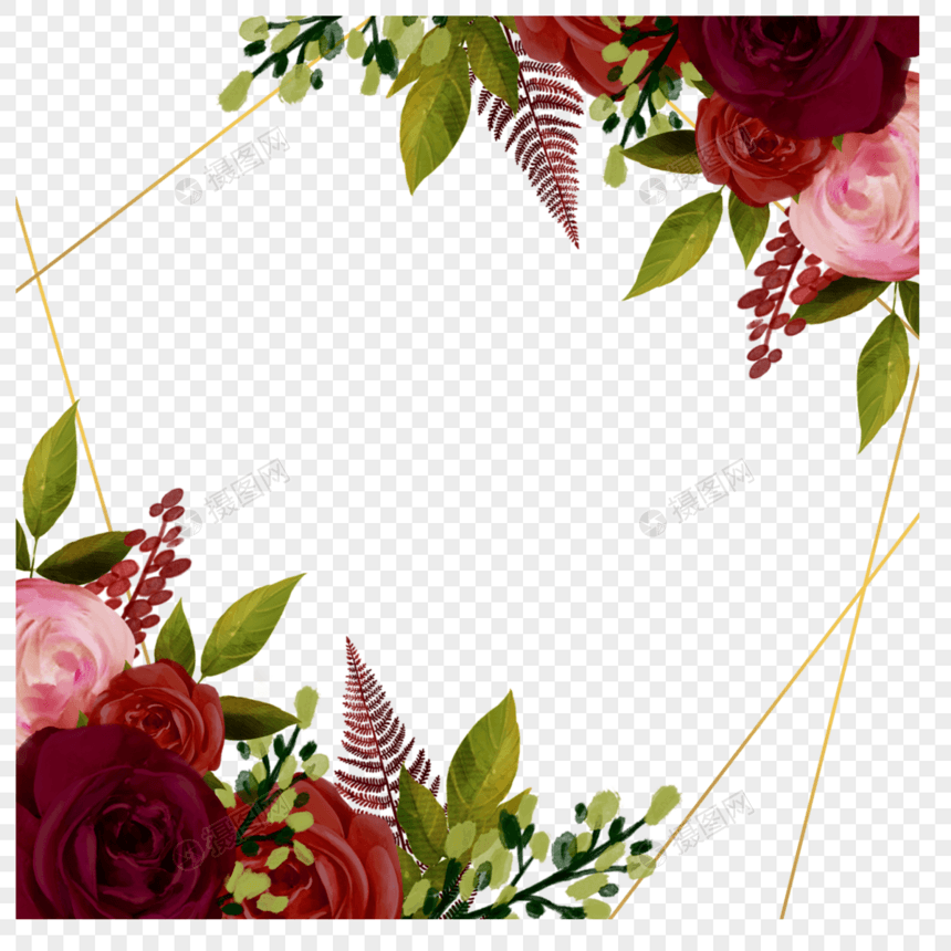 勃艮第玫瑰水彩椭圆形金线边框图片