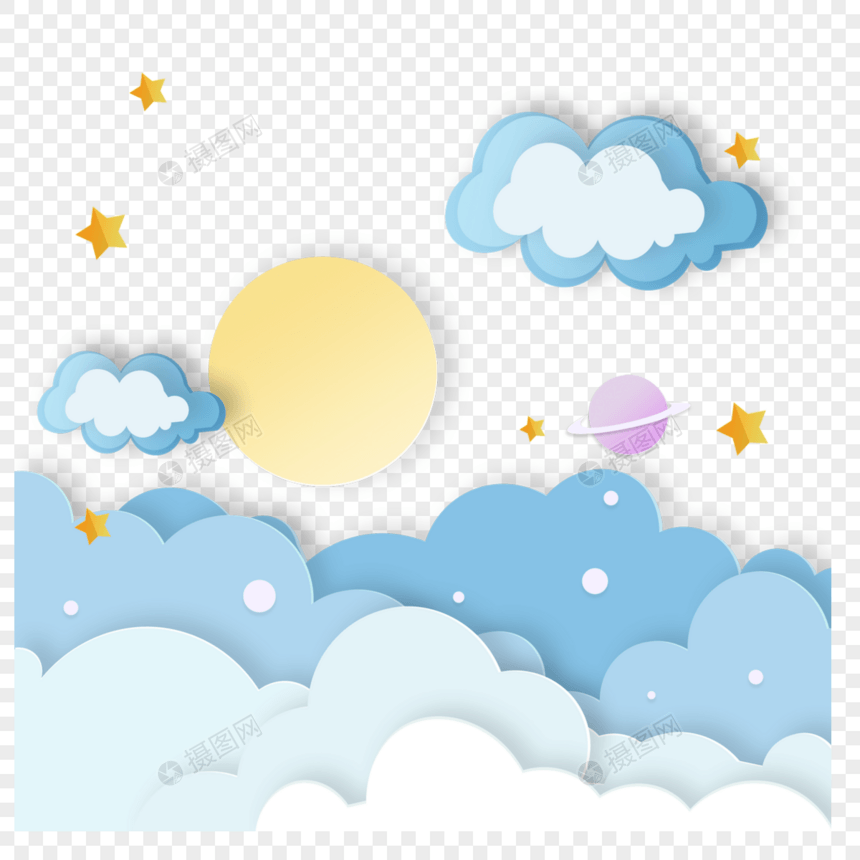 蓝色简约太阳剪纸云朵边框图片