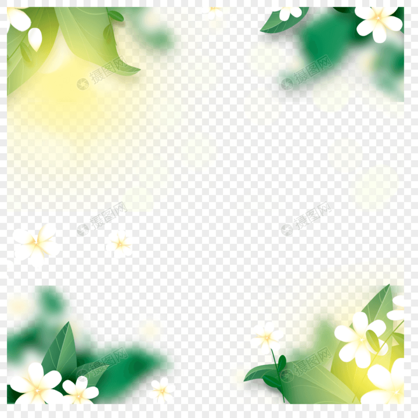 绿色树叶黄色小花春天光效花卉边框图片