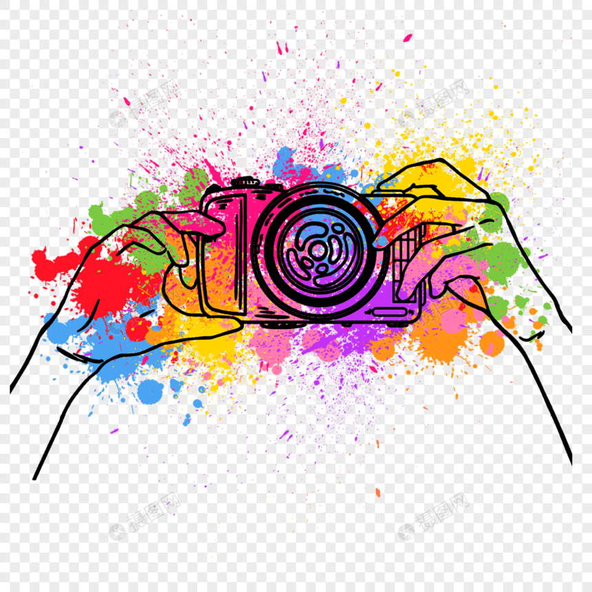 多彩颜料手拿相机拍照线稿图片