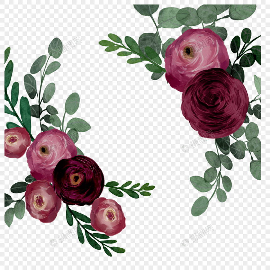 玫瑰勃艮第水彩婚礼花卉边框图片