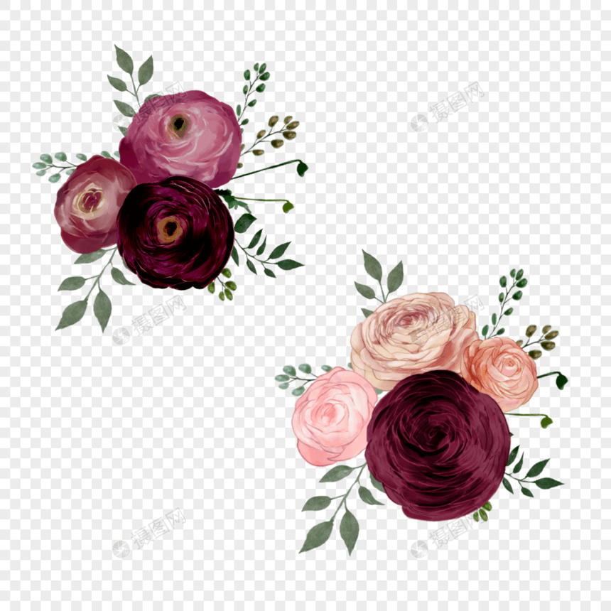 玫瑰勃艮第水彩婚礼花卉组合图片