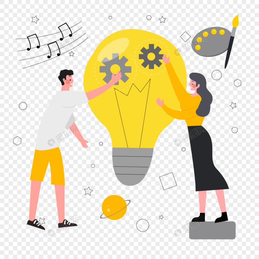 黄色灯泡里的齿轮人物思考创意概念插画图片
