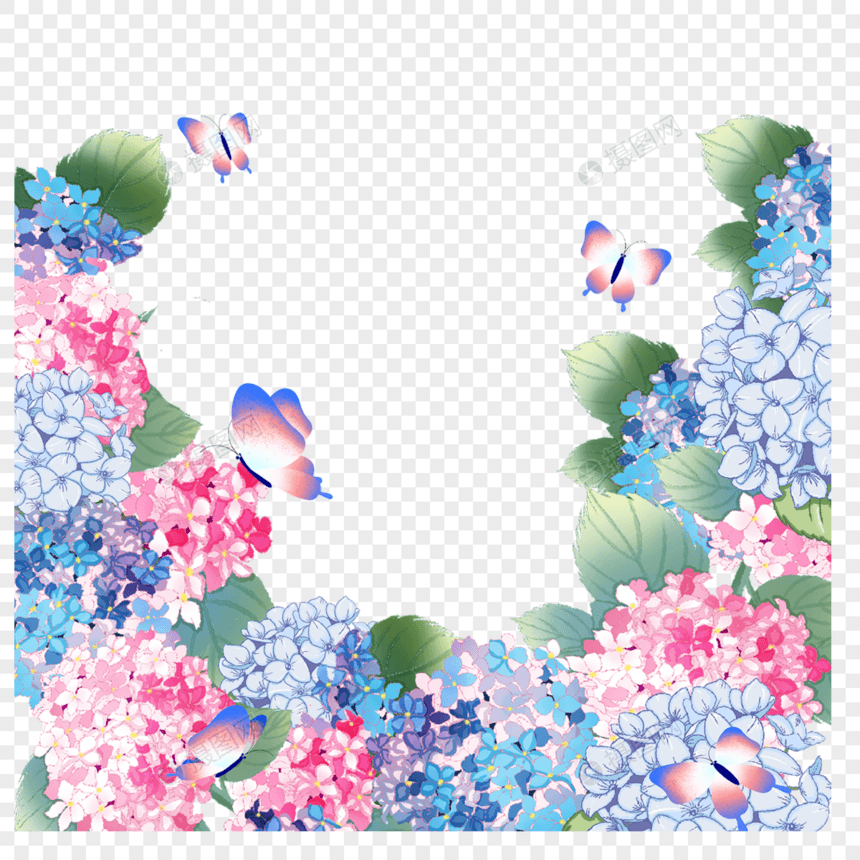 水彩绣球花卉蓝色婚礼边框图片