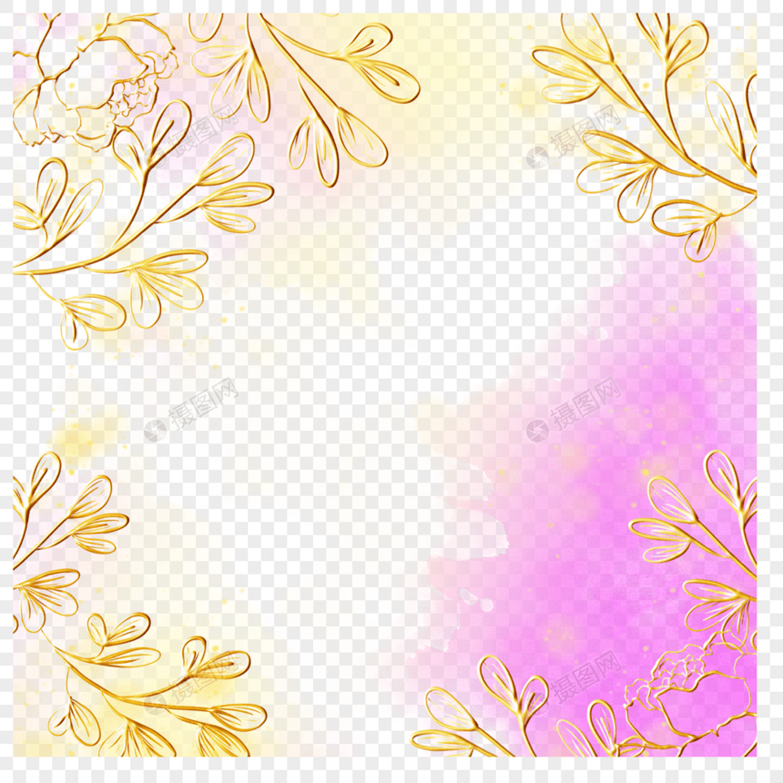 水彩晕染金线植物婚礼边框叶子装饰图片