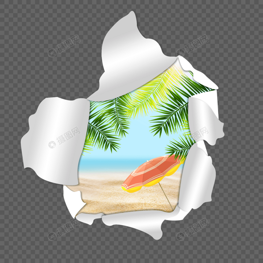 纸张撕破夏季大海沙滩叶子图片