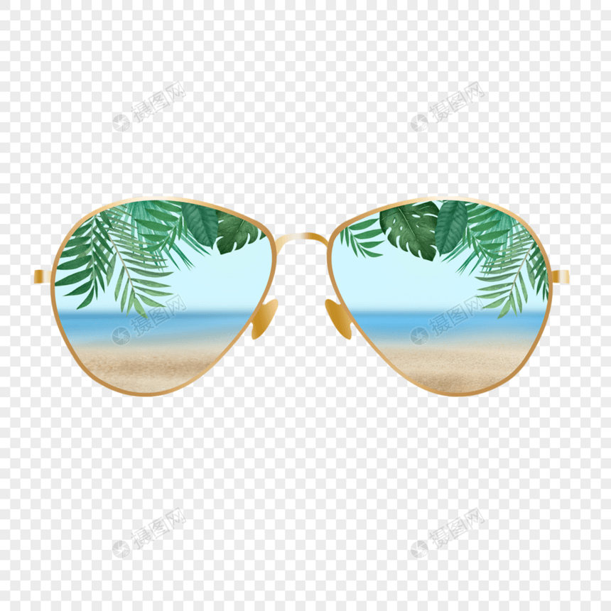 金色墨镜夏季绿叶沙滩大海图片