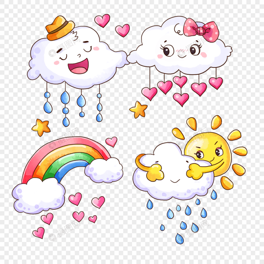雨天可爱云朵情侣彩虹水彩画图片