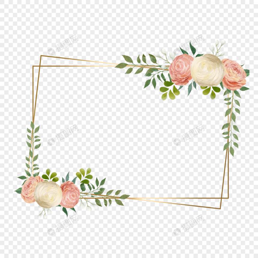 水彩婚礼花卉花毛茛金线方形边框图片