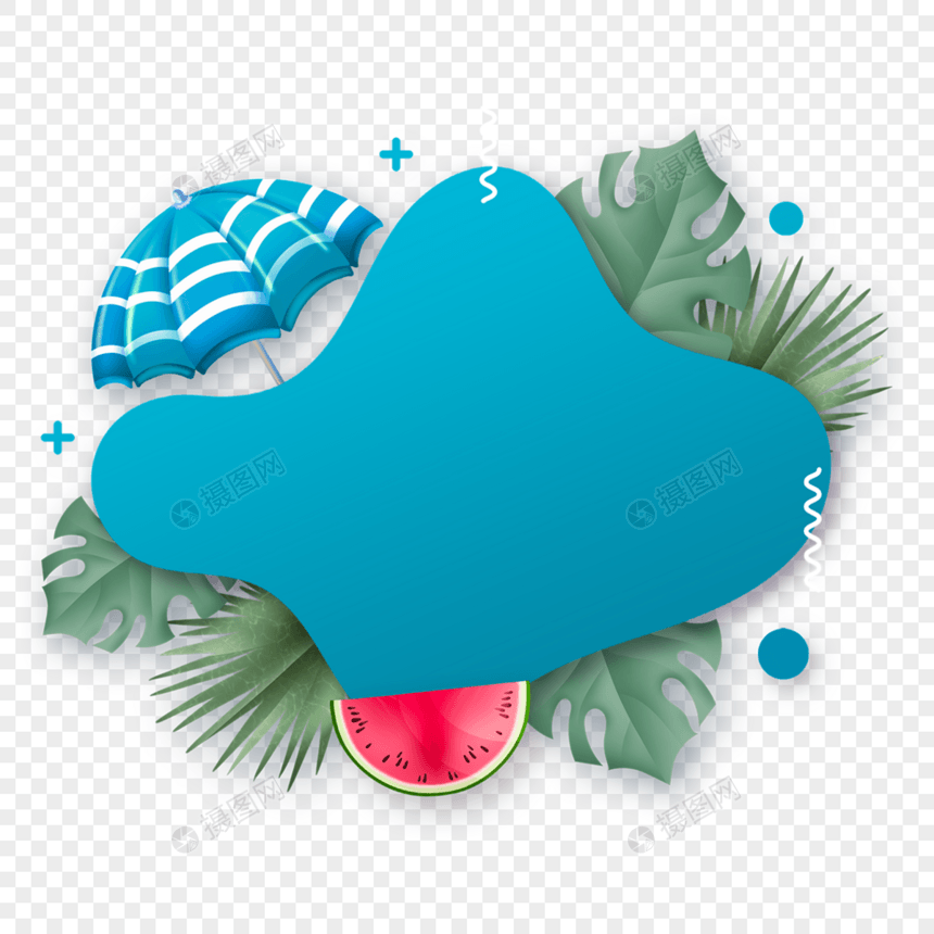 夏季热带树叶抽象流体蓝色边框西瓜图片