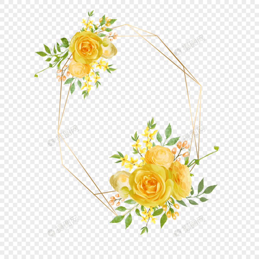 水彩婚礼黄玫瑰花叶植物边框图片