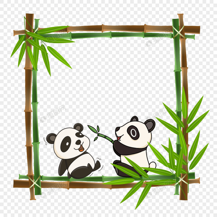 正在玩耍的熊猫竹子花卉边框图片