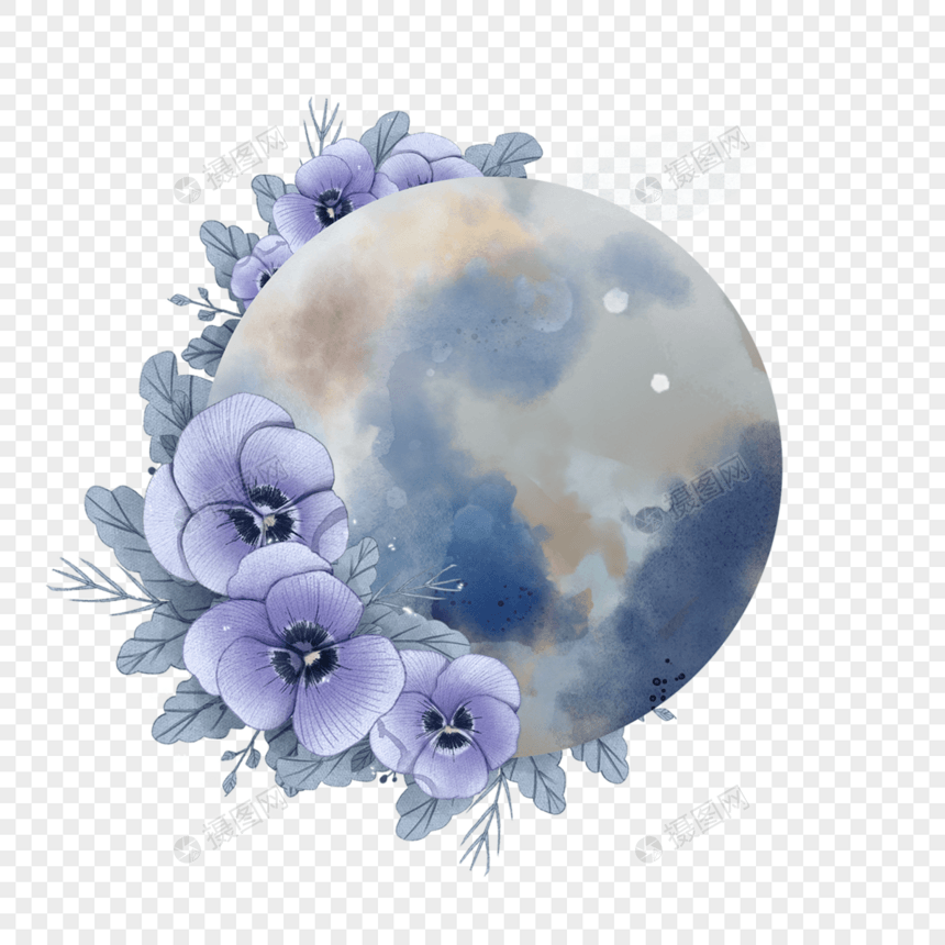 水彩花卉月亮满月图片