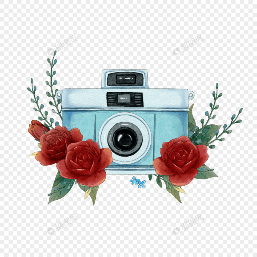 水彩相机红色花卉图片