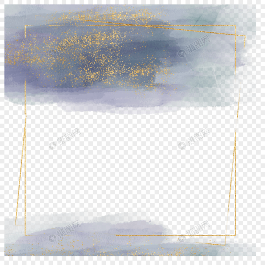 蓝色背景金色方框喷溅水彩笔刷边框图片