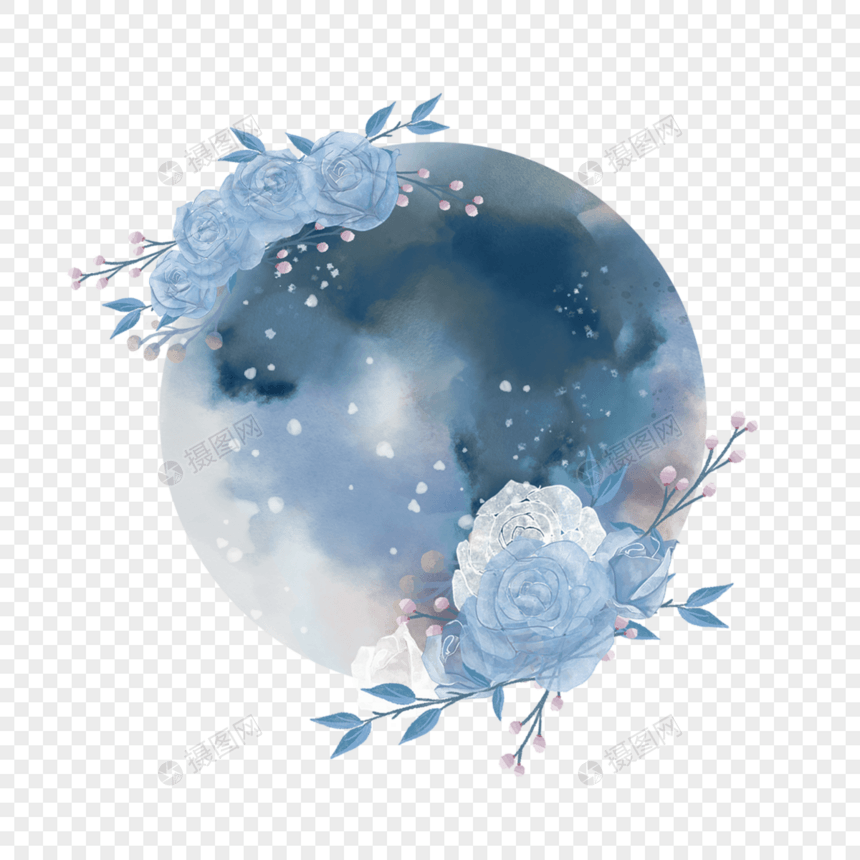 蓝色满月月亮花卉水彩图片