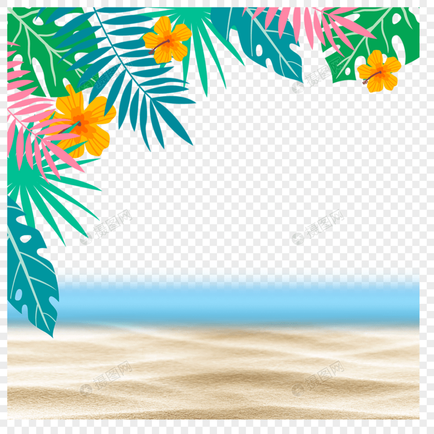 夏季沙滩风景树叶花卉图片