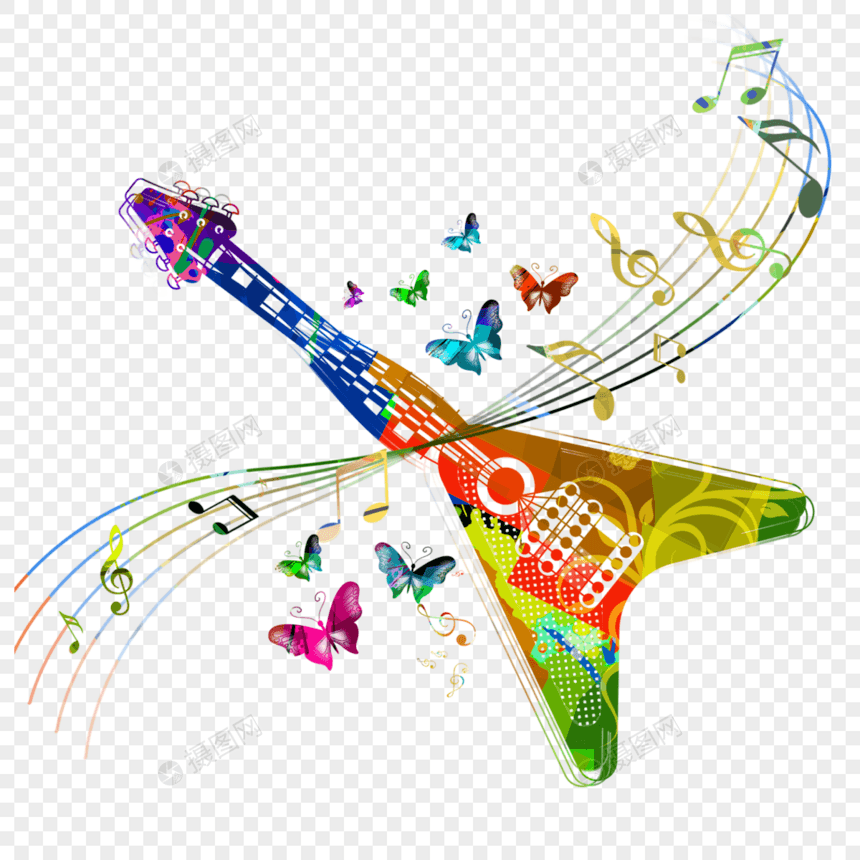 抽象音乐蝴蝶彩色三角形的电吉他元素图片