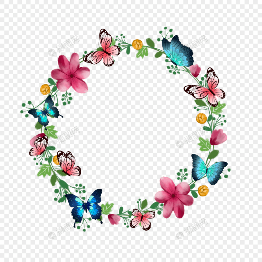 五颜六色花环花卉光效蝴蝶边框图片