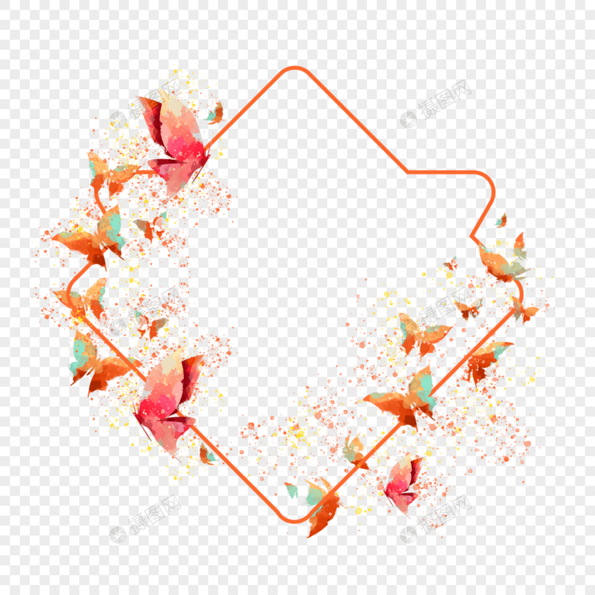 水彩蝴蝶橙色边框自然图片