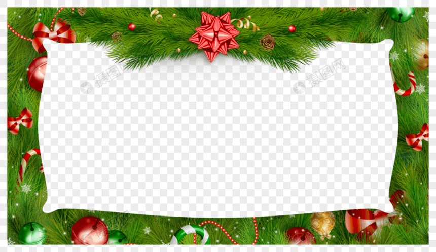 圣诞节丝带圣诞圆球松枝绿色边框图片